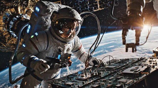 4K ultra-detailed full portrait of a Caucasian female astronaut repairing a high-tech satellite during spacewalk, sparks of light reflecting on helmet visor, robotic arm nearby, Earth horizon glowing 