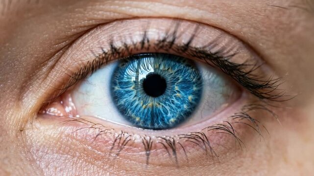 Extreme close-up of a vibrant blue human eye with intricate iris patterns and detailed skin texture.