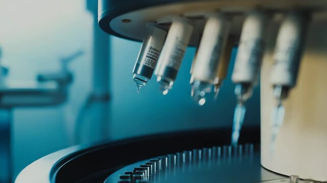 Automated laboratory machinery performing precise liquid handling and testing, central to scientific research, medical diagnostics, and pharmaceutical development in a technology driven environment