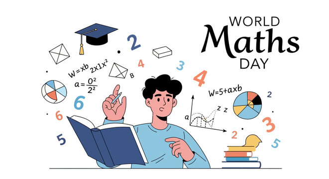 Illustration of a student learning mathematics on World Maths Day with floating math symbols and equations around him in a colorful and educational setting.