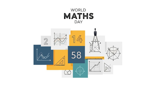 World Maths Day illustration with geometric shapes and math symbols on colorful squares against a white background.