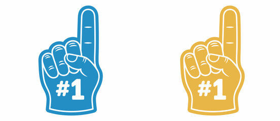 Fototapeta premium Number one foam fingers in blue and yellow isolated vector illustration, sports fan cheering hand accessory, stadium support, and team spirit symbol for sporting events