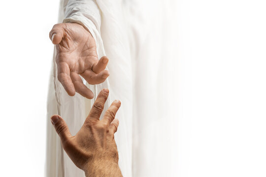 Lending Helping Hand is associated with the Savior Jesus Christ. Сlose-up of Biblical scene, concept of Holy Scriptures of Old and New Testaments, Christian religion