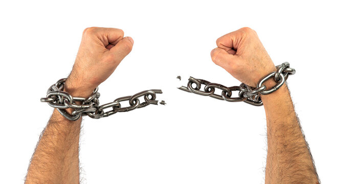 Men's hands breaking chains on isolated background