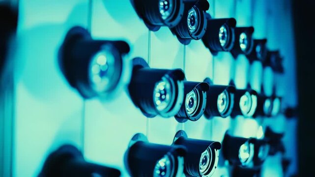 Array of security cameras monitoring an area, highlighting concepts of surveillance, safety, privacy, and advanced technology for public and commercial protection