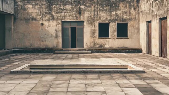 Weathered building with textured concrete walls and a paved courtyard featuring several empty window frames and closed doors, evoking feelings of abandonment and urban decay