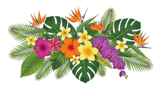 Tropical flowers and green leaves arrangement.