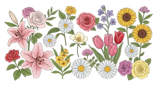 Colorful flowers on white background.