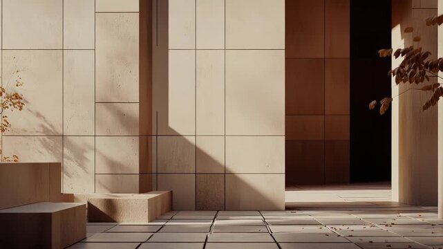 Contemporary exterior design showcasing a minimalist aesthetic with light colored tile walls and flooring. Creating geometric patterns through natural sunlight and shadows. Complemented by warm tones