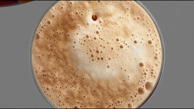 Close-up of a frothy brown beverage in a clear glass showcasing rich texture and inviting warmth perfect for coffee chocolate or latte advertising