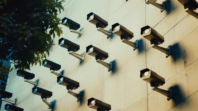Many surveillance cameras are installed on a building wall. Actively monitoring public spaces and raising concerns about personal privacy. Data protection. And societal control in a technological era