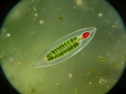 Euglena under a microscope: spindle-shaped body, red eyespots, against a pond water background.