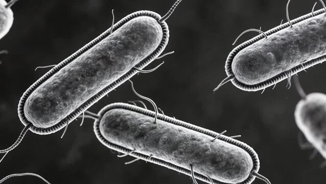 Transmission electron micrograph of Escherichia coli bacteria, showing cell wall structure and flagella