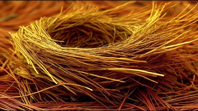 Close-up of a rustic bird s nest constructed from dry pine needles and twigs evoking themes of nature home shelter and cozy autumnal textures against a dark background