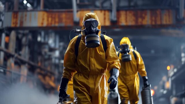 Workers in protective suits handle dangerous chemicals in a factory setting during an industrial operation