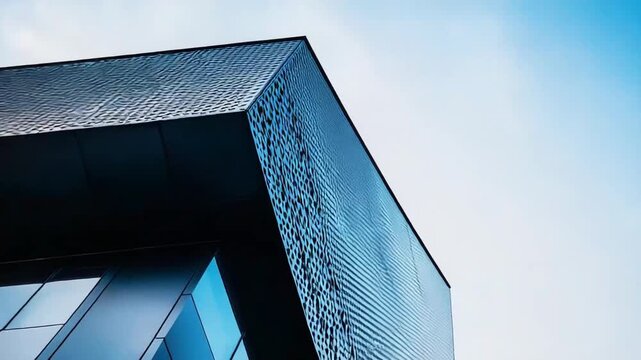 Contemporary building featuring a unique perforated metal facade and reflective glass panels, creating interesting patterns and a sense of depth against the bright sky