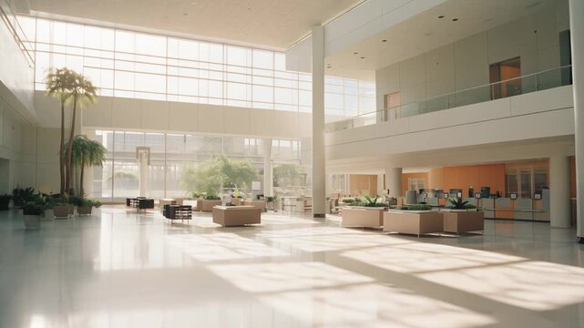 Modern building atrium featuring spacious architecture, natural light flooding through expansive windows, and vibrant green plants enhancing the healthy, contemporary interior design