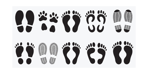 Fototapeta premium Human footprints. Foot imprint, boot footsteps. Shoe and sneaker footprint silhouettes. Male and female high heel track. Adult and children barefoot sand beach imprint. Footprints in eps 10