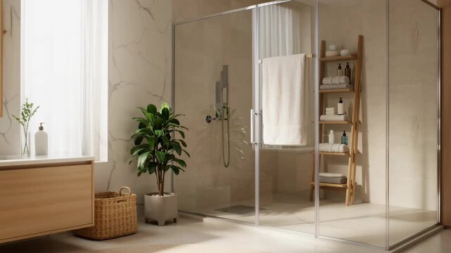 Modern bathroom interior with shower cabin and plant. A bright, spa-like scene with natural light. Relaxation, luxury lifestyle, home design.