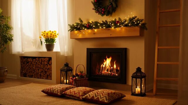 Cozy living room with fireplace and holiday decor. A warm and inviting scene, capturing the essence of home. Holiday cheer, interior design, festive season.