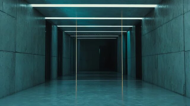 Long futuristic corridor made of dark concrete, illuminated by a series of glowing linear lights on the ceiling and a narrow golden light frame centrally, creating a modern, stark atmosphere