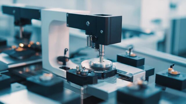 Industrial microscope inspecting a small metallic component in a clean, high tech lab or production line, emphasizing precision measurement, quality control, and advanced optics
