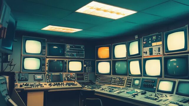 Control room featuring a vintage setup with numerous crt screens, intricate control panels, and various electronic equipment, representing old technology for broadcasting or surveillance