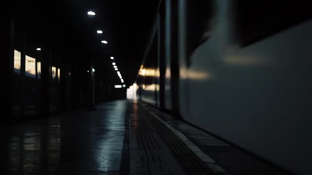 Empty railway platform illuminated by the setting sun, with tracks converging into the distance and a distant train approaching, creating a sense of travel and departure