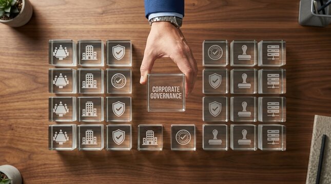 Corporate Governance, Business Ethics, Compliance, Management, Risk Assessment, Strategy, Accountability concept with executive hand placing glass block on office desk for leadership.