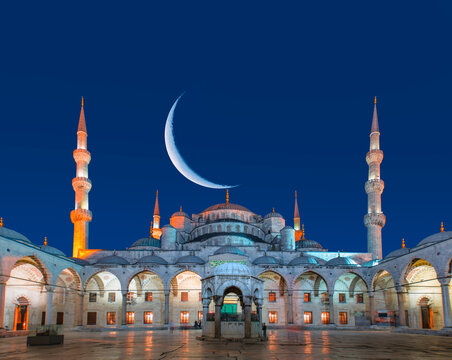 Ramadan kareem concept - The Sultanahmet Mosque (Blue Mosque) with crescent moon - Istanbul, Turkey