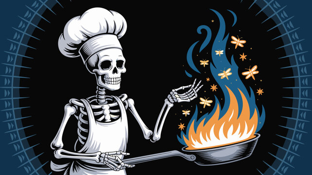 Whimsical skeleton chef with firefly flamb&eacute; &ndash; Suitable for fantasy cookbook covers, artistic bar menus, or macabre decor.