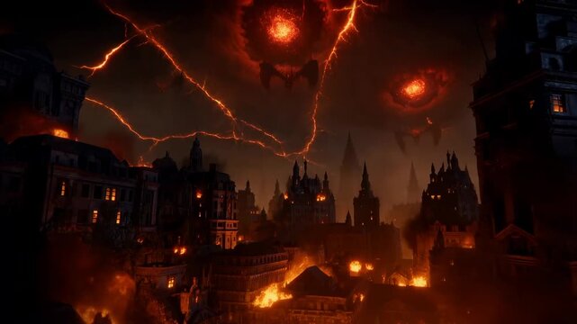 Panning tracking shot of gothic city burning under fiery sky with winged demons and lightning over night streets