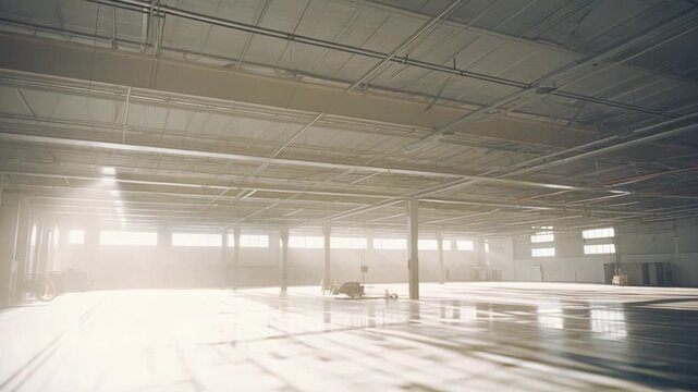 Empty industrial warehouse interior with vast concrete floor reflecting bright sunlight through high windows, strong shadows and a clean, minimalist open space ready for development