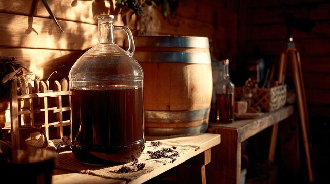 carboy. A glass carboy filled with dark liquid in a rustic workshop. safety posters, maintenance manuals, designed for precision metalworking and fabrication facilities, used by engineers.