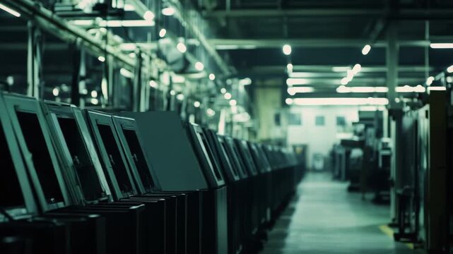 Rows of unfinished electronic products are moving along an industrial assembly line within a modern factory, highlighting precision manufacturing and automation processes