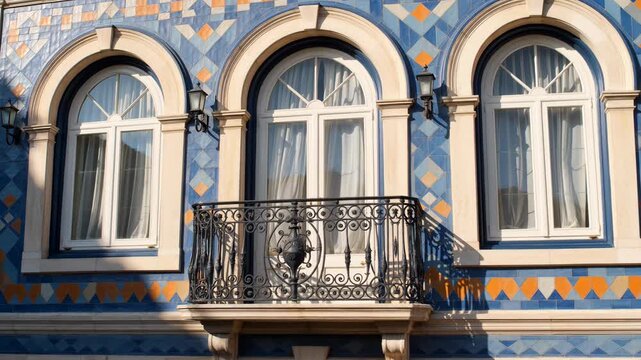 Facade of a traditional building with blue tiles and ornate windows in Portugal. An architectural shot of cultural heritage. Historical landmark, travel destination, old town charm.