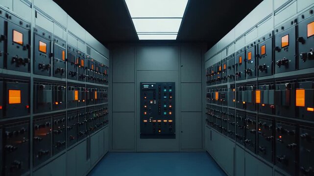 Modern server room containing rows of glowing mainframe computer hardware and an intricate control panel managing advanced information technology systems