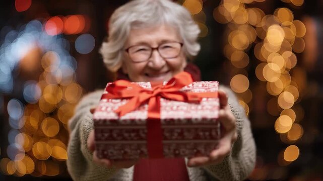 Cheerful elderly woman with warmly wrapped gift celebrating the holiday spirit in a cozy, festive setting with glowing lights