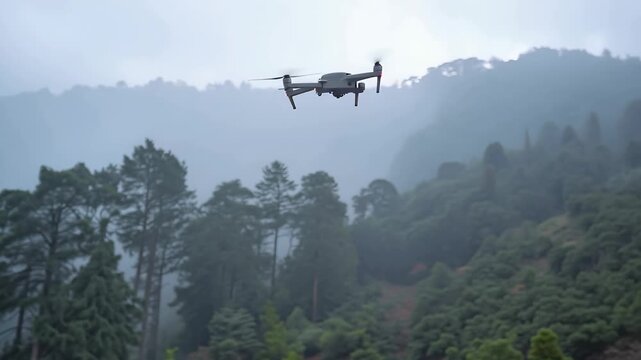 Innovative drone used for monitoring environmental conditions in a misty forest landscape amid lush green trees during early morning hours