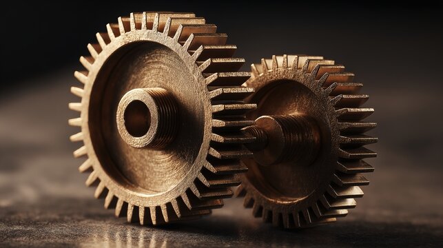 interlocked. Two interlocked brass gears turning against a dark, blurred background. safety posters, maintenance manuals, designed for precision metalworking and fabrication facilities.