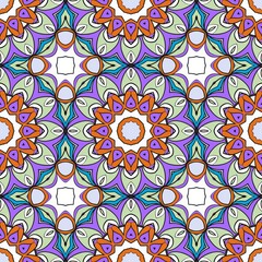 Fototapeta premium Repetitive mandala flowers in purple, teal, orange, and soft green create a lively seamless background ideal for boho textiles, wrapping paper and creative branding.