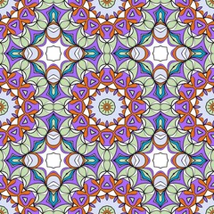 Fototapeta premium Detailed pastel mandala pattern with interlocking floral and geometric shapes in purple, mint, orange, and teal, perfect for sophisticated prints and decor applications.