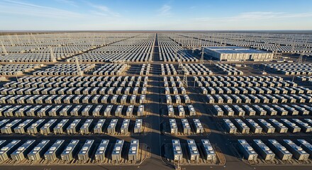 Fototapeta premium Aerial view of large solar panel farm installation