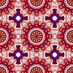Fototapeta premium Playful pink and red mandala rosettes repeat across a seamless background, creating a cheerful decorative pattern for fabric, greeting cards or festive Valentine designs.