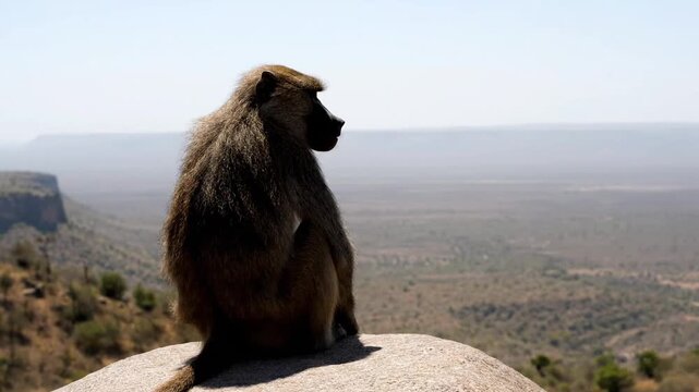 A baboon sits atop a rock, gazing over a vast savanna landscape under clear skies, embodying solitude and natural majesty.