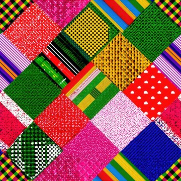 Seamless patchwork fabric background featuring multicolored quilt blocks arranged diagonally with mixed patterns of stripes, dots, and gingham in a vibrant handmade textile design