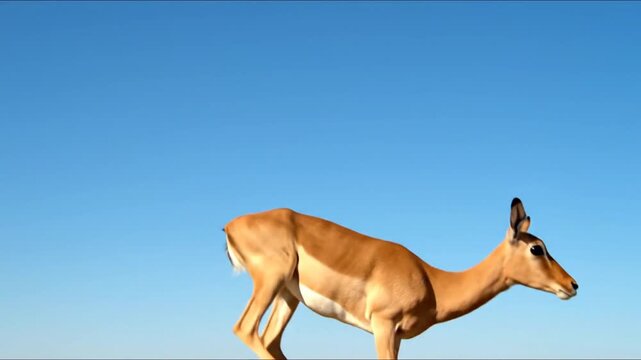A graceful antelope leaps and bounds across an open plain under a clear blue sky, showcasing its agility and speed in a series of fluid motion frames.