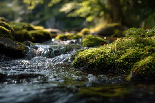 Mossy Rocks and Flowing Water - A Serene Forest Stream.