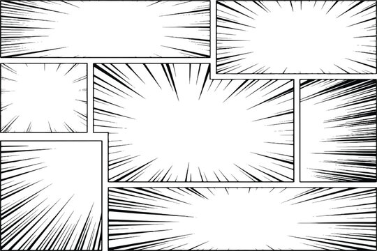 Manga Comic Page Layout with Speed Lines and Radial Action Panels.