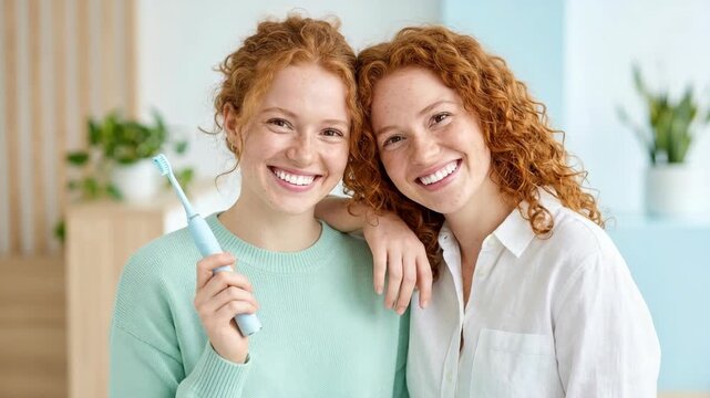 Two smiling young women with red curly hair holding an electric toothbrush